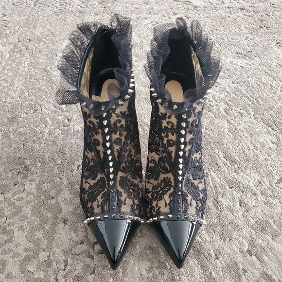 Christian Louboutin Pigalla 100 Lace Tulle Spiked Studded Boot 37.5 - Picture 6 of 13